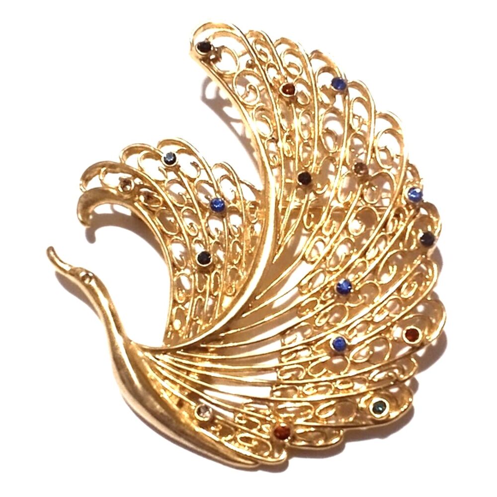 Lacy Gold Tone Rhinestone Accented Flying Bird Brooch